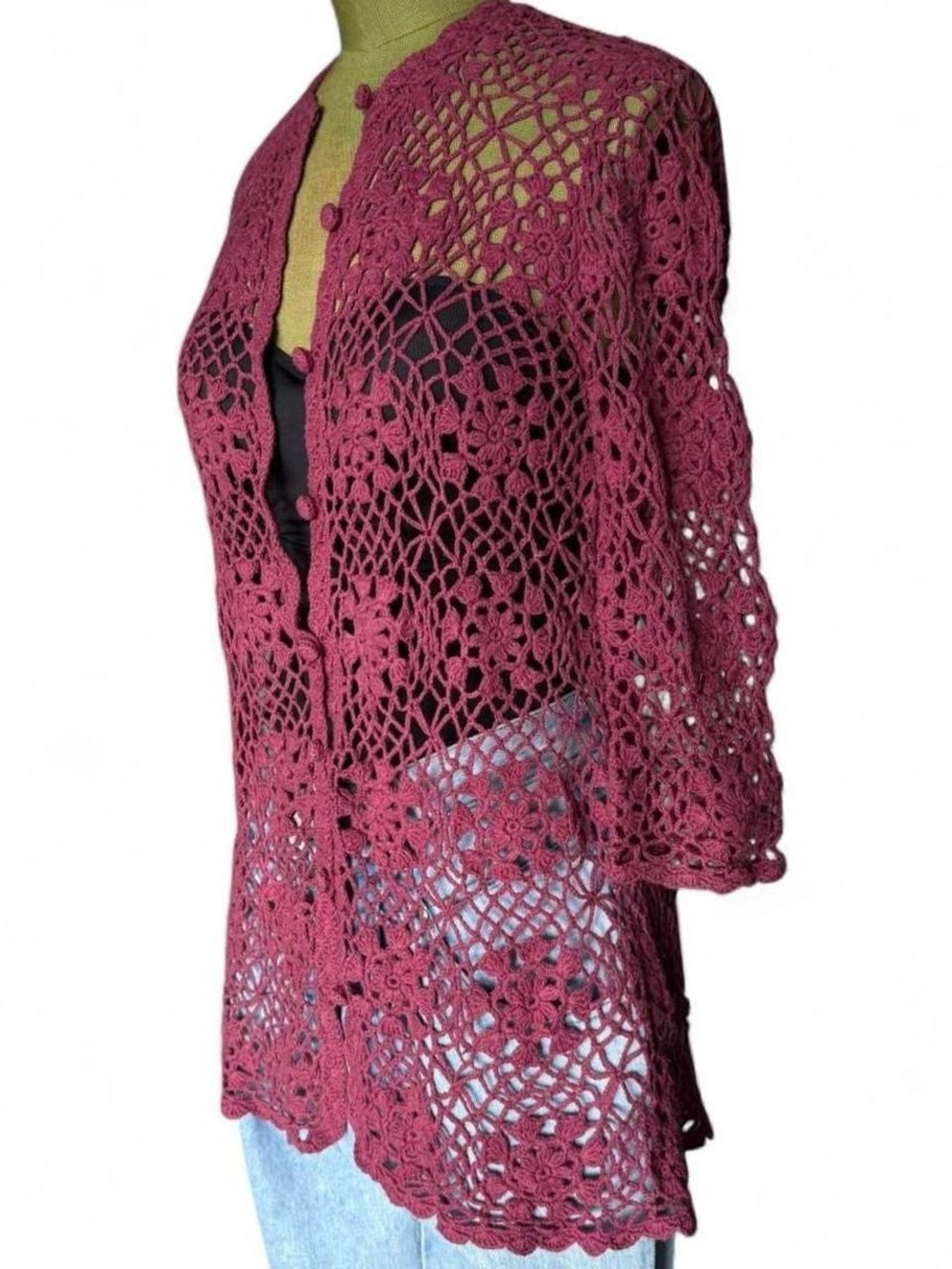 J. Jill Crochet Lace Cardigan Jacket Berry Plum Floral Knit Button Front Shrug S